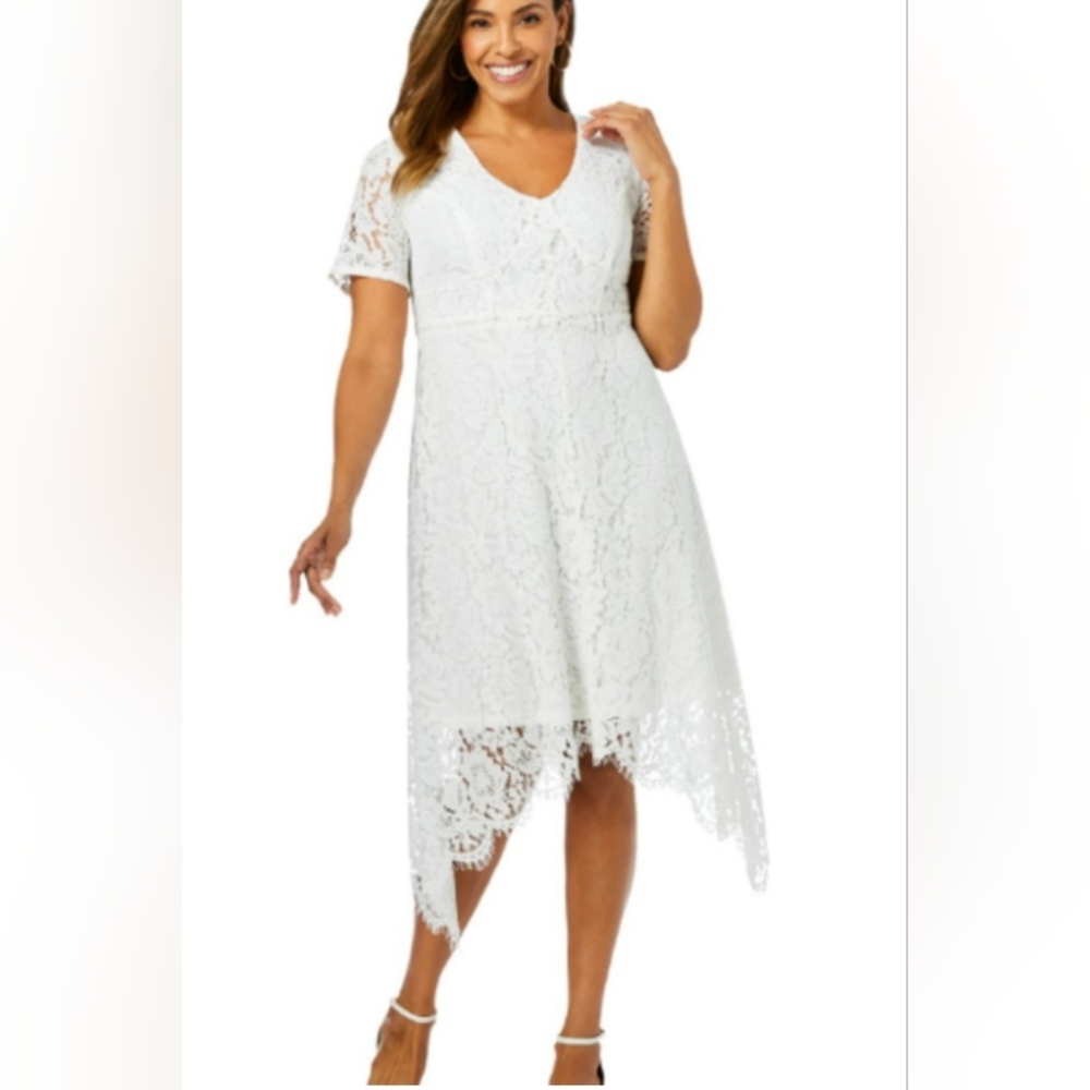 $79 Jessica London Women's Plus Size Lace Handkerchief Dress 16w ivory white